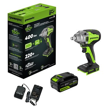 Изображение товара Гайковерт Greenworks GD24IW400 24V 3802907CUG, ударный, аккумуляторный, бесщеточный,1/2'', 400Нм,1х5Ач,ЗУ,кор