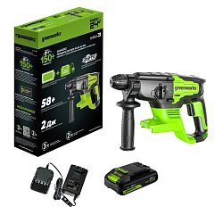 Перфоратор Greenworks GD24SDS2 24V 3803007CUA,  аккумуляторный, бесщеточный, 2 Дж, 4500 уд/мин, 24 мм, 1х2Ач, ЗУ 