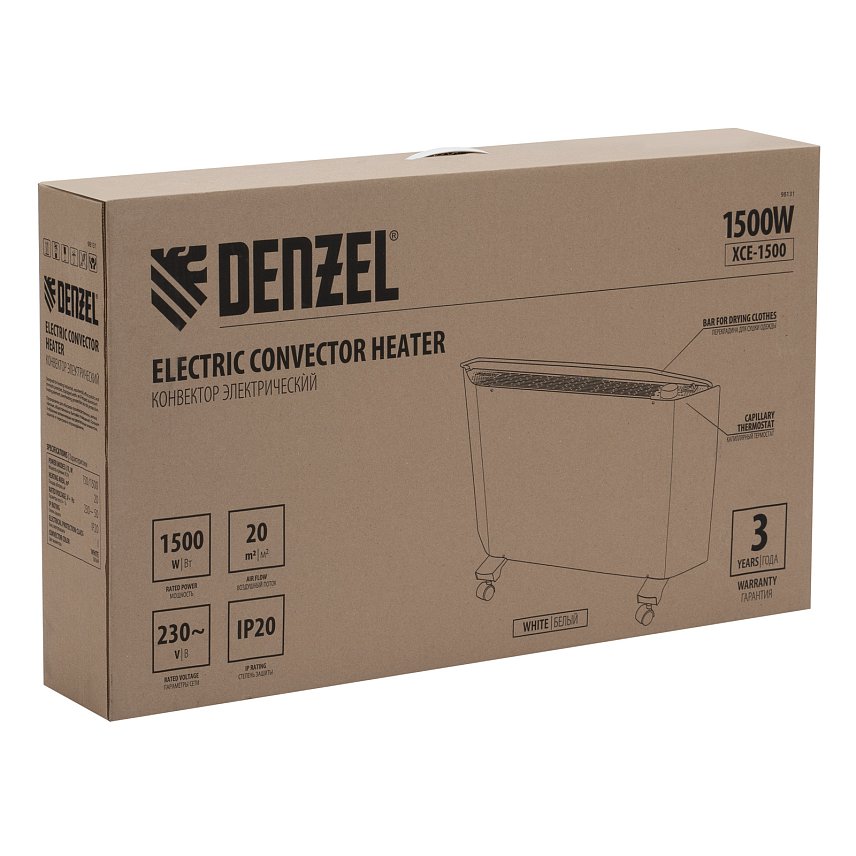 Конвектор электрический Denzel XCE-1500 98131, 230 В, 1500 Вт, белый, сушилка, колеса, Х-элемент в Туле