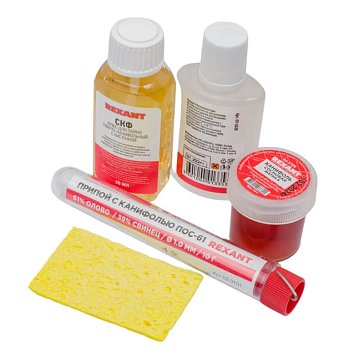 Изображение товара Набор для пайки К5 припой Rexant ОК 09-3745, губка, канифоль, флюс СКФ, флюс