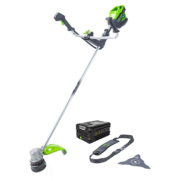 Изображение товара Аккумуляторный триммер Greenworks GD82BCBk2 82В 2.5 Ач с ножом и леской