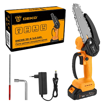 Изображение товара Пила цепная аккумуляторная короткая Deko DKCHS 20-6 063-4307 (напряжение аккумулятора 20В, длина шины 6 дюймов)