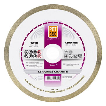 Изображение товара Круг отрезной алмазный PDT Ceramics Granite 1А1R 200 мм мокрый рез