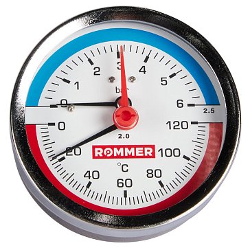 Изображение товара Термоманометр аксиальный с автоматическим запорным клапаном Rommer, корпус Dn 80 мм 1/2, 0-6 бар, 0...120°C