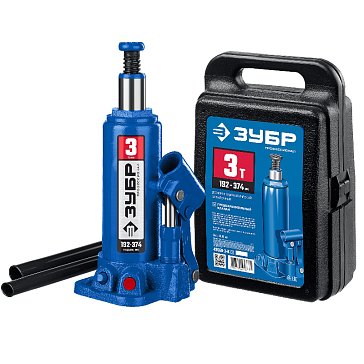 Изображение товара Домкрат бутылочный гидравлический Зубр Профессионал 43060-3-K (в кейсе, 3 т, 192 - 374 мм)
