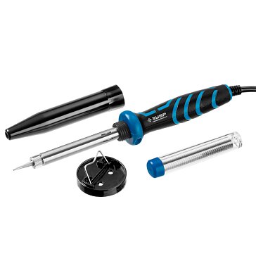 Изображение товара Паяльник Зубр "ПРОФЕССИОНАЛ" 55402-40_z01, с двухкомпонентной рукояткой и защитным колпачком в наборе с припоем и подставкой, 40Вт, конус