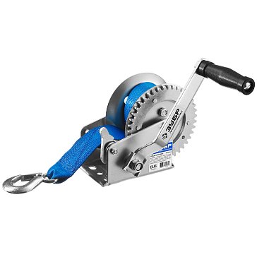 Изображение товара Лебедка ручная барабанная Зубр Профессионал 43115-0.5 (тяговая, ленточная, 0,5т, 8м)