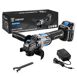 Шлифмашина угловая бесщеточная Deko DKAG20 063-4026 (Li-Ion, 3 Ач, 9000 оборотов/мин, вес 2.13 кг) 