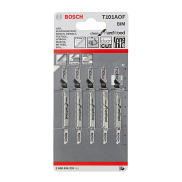 Изображение товара Пилки для лобзика Bosch T101AOF, BIM, набор 5 шт. для дерева, Германия