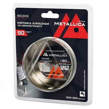 Изображение товара Коронка алмазная Metallica Ultra 901946, 90х70 мм, #46, с сверлом, по керамограниту, плитке, в блистере