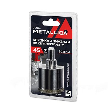 Изображение товара Коронка алмазная Metallica Ultra 901854, 45х70 мм, #46, с сверлом, по керамограниту, плитке, в блистере