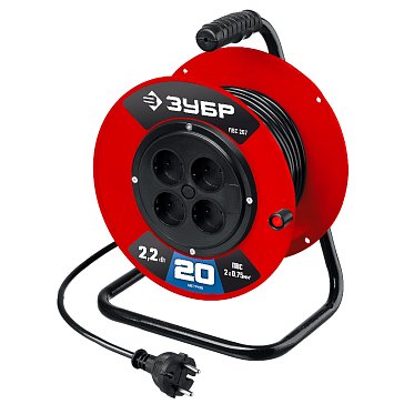 Изображение товара Удлинитель на катушке Зубр ПВС-207 20м 4 розетки 2200 Вт использование внутри помещений