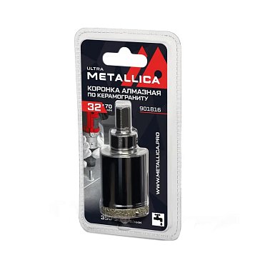 Изображение товара Коронка алмазная Metallica Ultra 901816, 32х70 мм, #46, с сверлом, по керамограниту, плитке, в блистере
