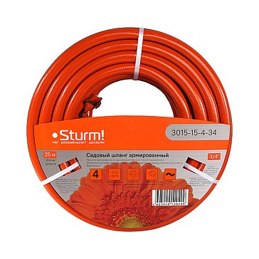 Изображение товара Шланг поливочный Sturm 3015-15-4-34 (армированный, усиленный, 4х слойный, 3/4", 25 м, оранжево-черный)