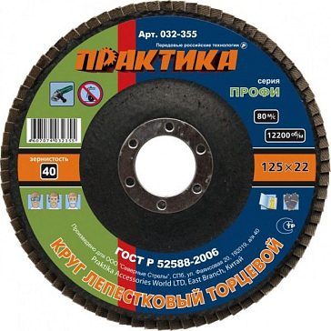 Изображение товара Лепестковый шлифовальный круг Практика Профи 032-355, P40, 125 мм