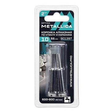 Изображение товара Коронки алмазные Metallica Optima 901397, 10x55 мм, #80, по стеклу, плитке, 2 шт, в блистере