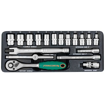 Изображение товара Набор торцевых головок Jonnesway S04H2118S, 6-гранные, 1/4"DR, 4-13 мм, 18 предметов, вес 1.23 кг, кейс)