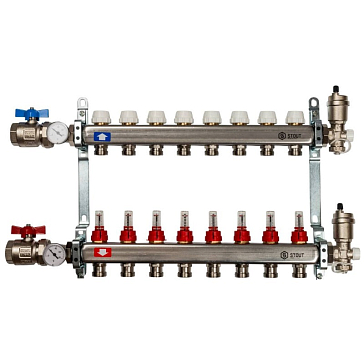 Изображение товара Коллектор в сборе Stout SMS 0907 000008 (нержавеющая сталь, расходомеры, краны, воздухоотводчики, 8 выходов)