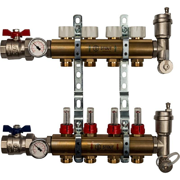 Изображение товара Распределительный коллектор Stout SMB 0473 000004 (расходомеры, краны, воздухоотводчики, 4 выхода)