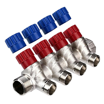 Изображение товара Коллектор с вентилями Valtec VTc.560.N.0504 4 выхода 1/2 3/4 дюйма никелевое покрытие