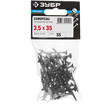 Изображение товара Саморезы Зубр 300036-35-035, 55 штук для гипсокартона и дерева, диаметр 3.5 мм, длина 35 мм