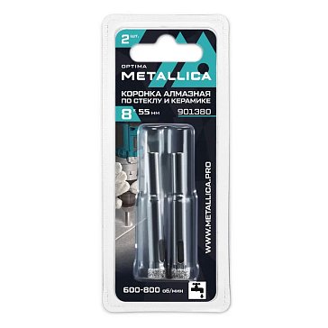 Изображение товара Коронки алмазные Metallica Optima 901380, 8x55 мм, #80, по стеклу, плитке, 2 шт, в блистере