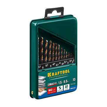 Изображение товара Набор сверл по металлу Kraftool 29656-H13, COBALT, HSS-Co (8%), сталь М42 (S2-10-1-8), 13 шт. (1.5-6.5 мм)