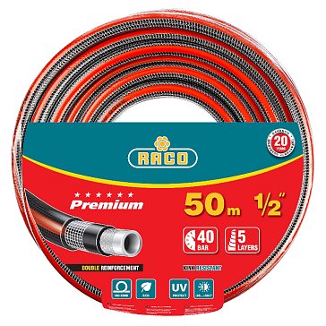 Изображение товара Шланг поливочный Raco PREMIUM 40300-1/2-50_z01, 40атм, армированный, 5-ти слойный, 1/2"х50м