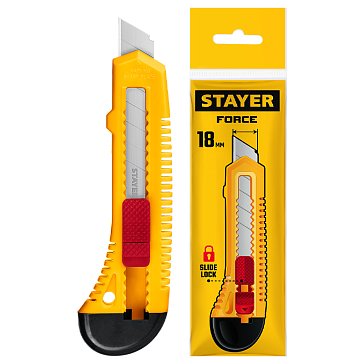 Изображение товара Нож упрочненный Stayer FORCE, 0911_z01 из АБС пластика со сдвижным фиксатором (лезвия 18 мм)