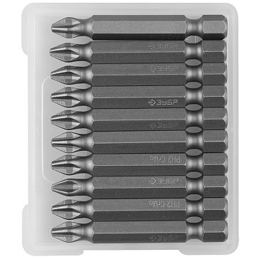 Изображение товара Биты Зубр "МАСТЕР" 26001-2-50-10, кованые, хромомолибденовая сталь, тип хвостовика E 1/4", PH2, 50мм, 10шт