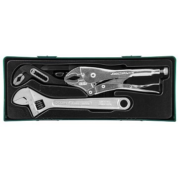 Изображение товара Набор разводной ключ, ручные тиски "струбцина" и клещи переставные с коробчатым захватом Jonnesway P2803SP, в ложементе, 3 предмета